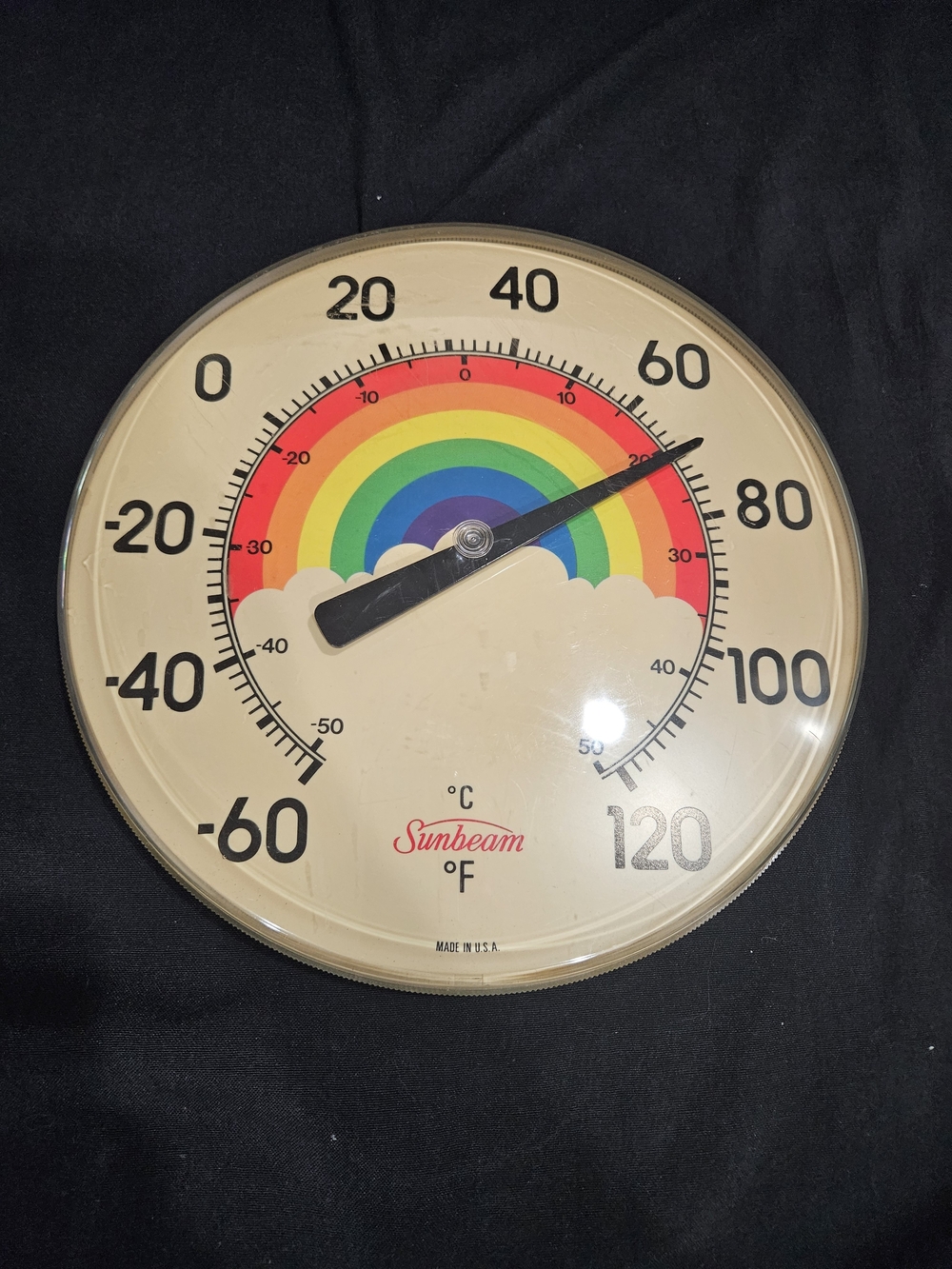 Vtg Sunbeam Rainbow Thermometer 12" Big Dial Wall Patio Outdoor Retro 1980s USA